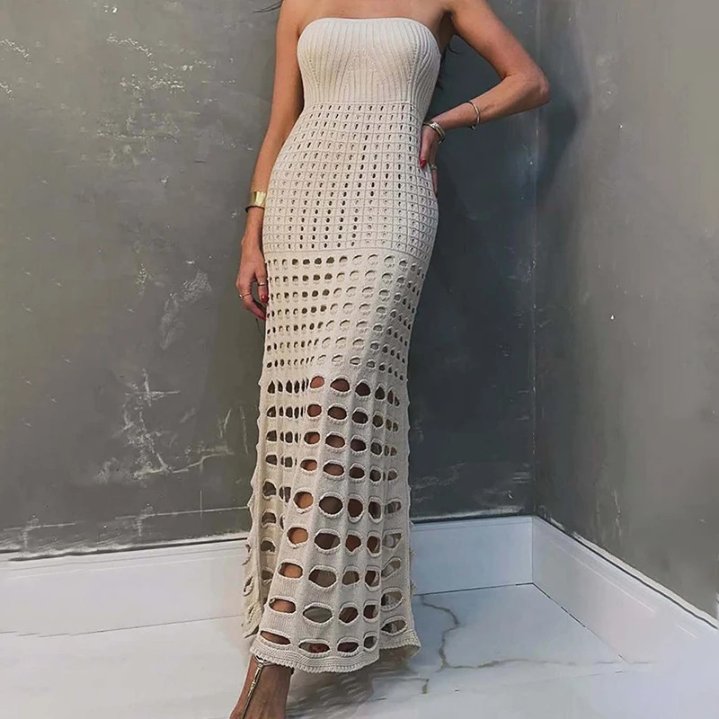 TARUXY Strapless Knitted Long Dress For Women Fashion Hollow Sexy Slim Beach Vacation Dress Sleeveless One-step Dress 2025 250325