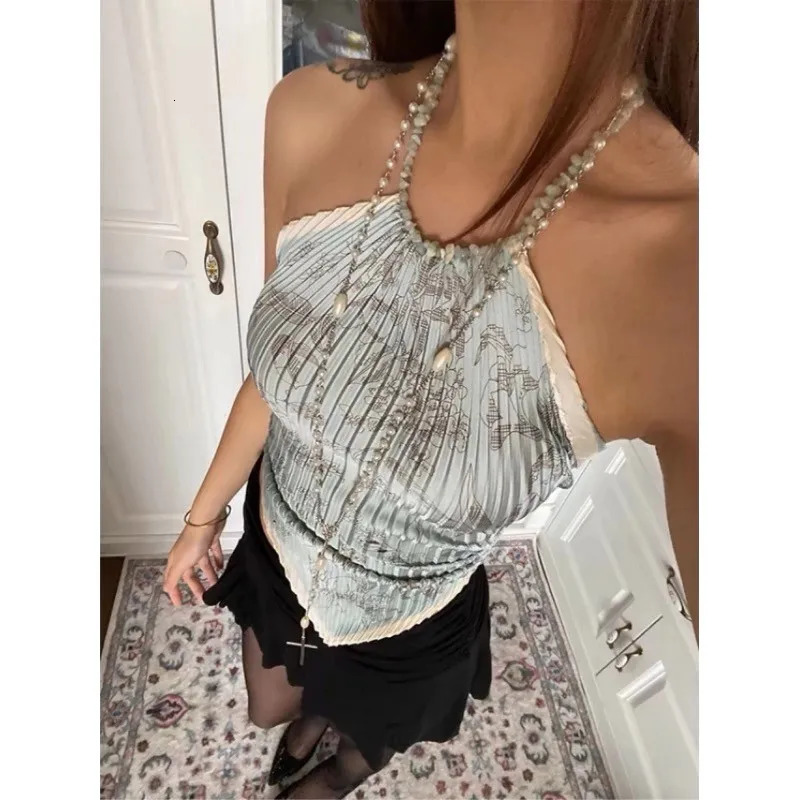 Tonngills retro tie dye vest top womens sleeveless lace top Y2k retro camis top backless summer Korean vest top 2000s 250321