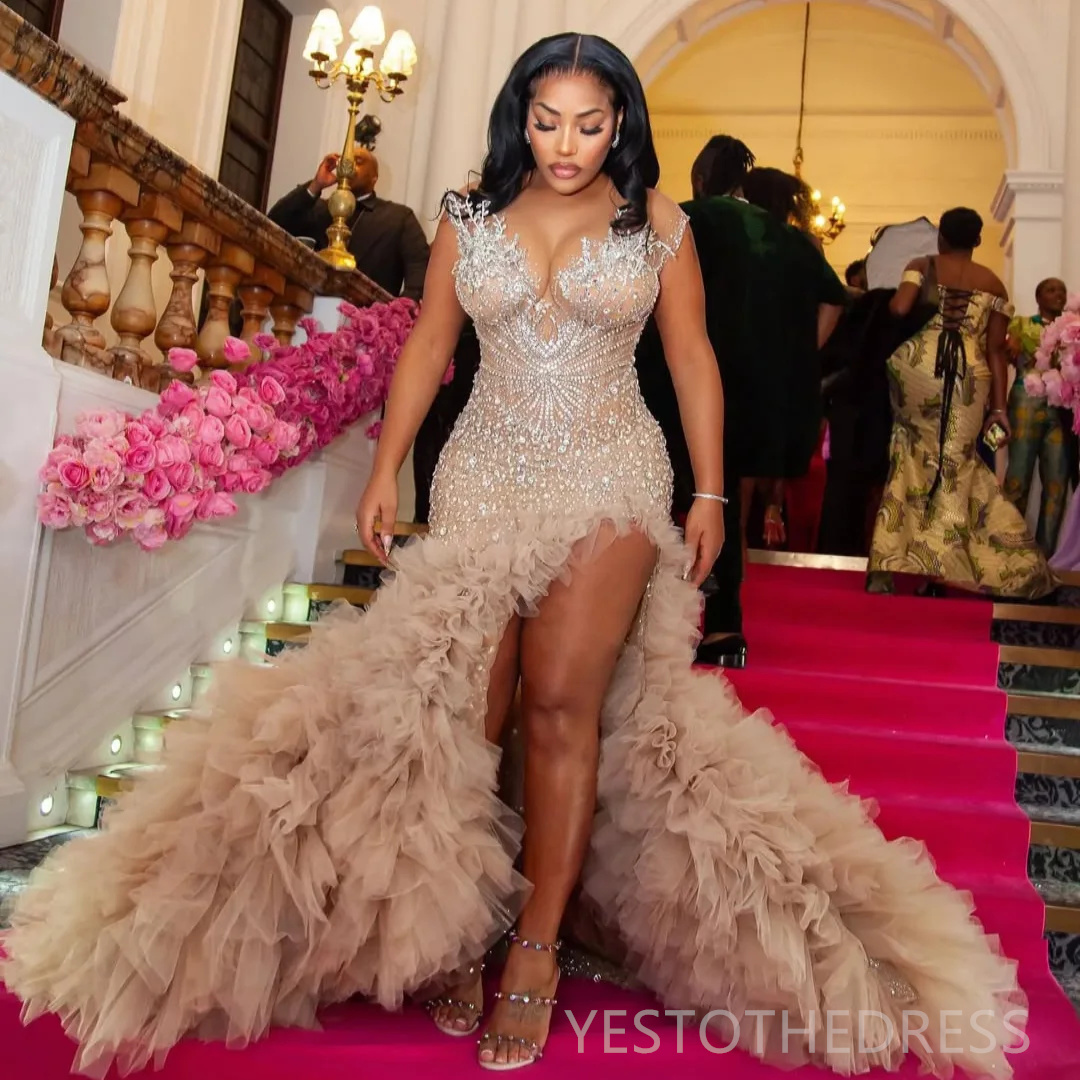 2025 Plus Size Aso Ebi Prom Dresses Mermaid Prom Dress Evening Formal Gowns Beaded Lace Side Split Tiered Birthday Second Reception Gown For Africa Bl