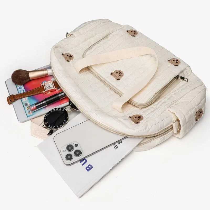 Baby Diaper Bag Cute Bear Flower Embroidery Pattern Mommy Bag Baby Beige Cotton Fabric Zipper Diaper Handbag New Luggage BagC250326