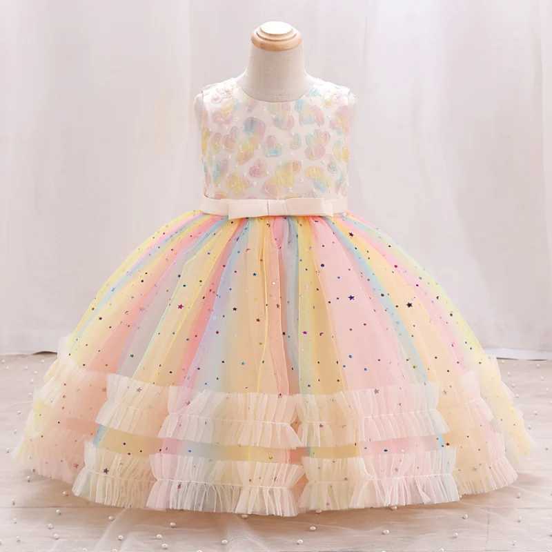 New girl embroidery star sequin rainbow mesh sleeveless dress Christmas party evening dress for girls aged 1-10 W250326