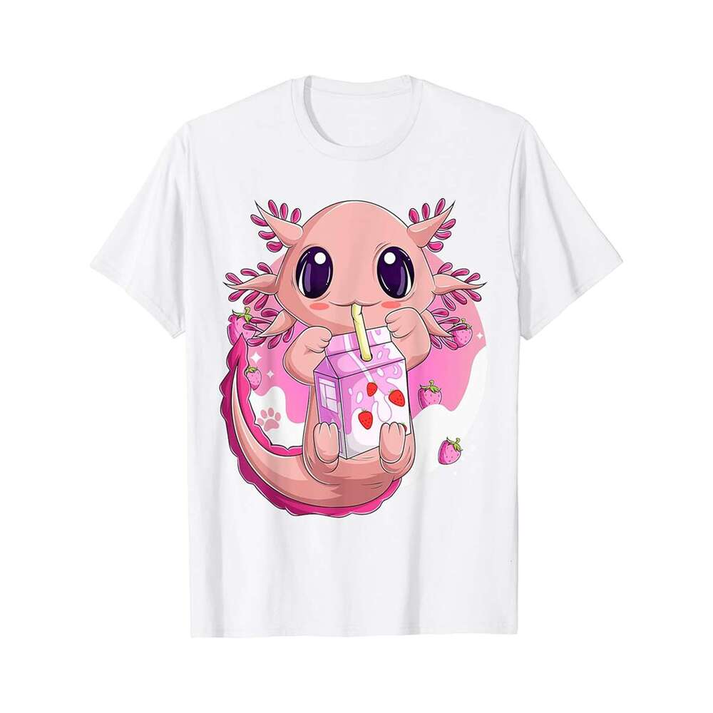 Designer T shirt Strawberry Milk Shirt For Men Girls Cute Kawaii Axolotl - 220g Tshits
