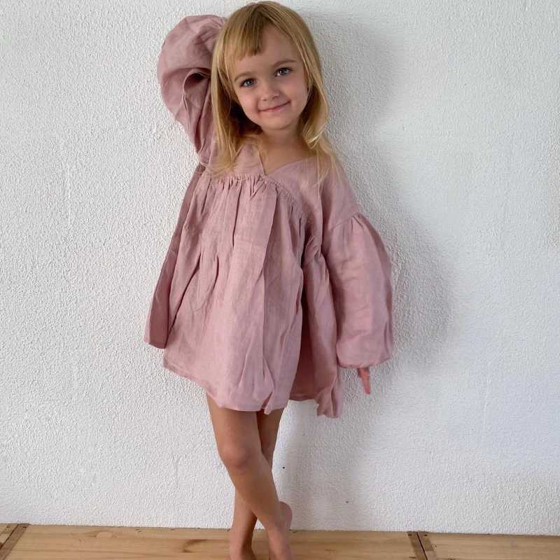 Girl Sweet Bubble Sleeve Linen Dress 2025 Spring New Baby Girl Retro Cotton Linen V-neck Loose Princess Dress Childrens Clothing W250326