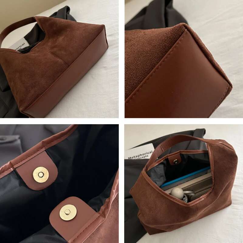 Vintage Faux Suede Tote Bags for Women Large Capacity Shoulder Ladies Underarm Bag Casual Simple Commuter Female Handbags