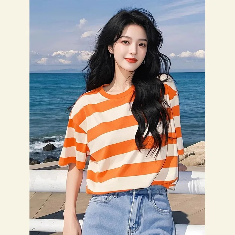 Orange Striped Short-sleeved T-shirt for Womens Summer Korean Fashion Casual Top Chic Sweet Loose Pullovers 250321