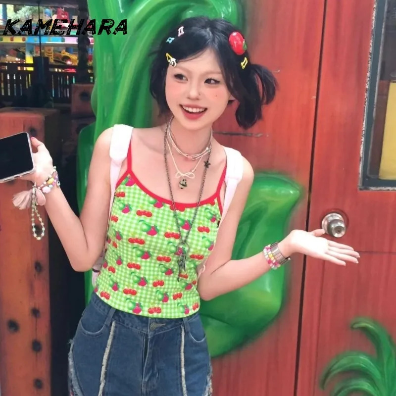 KAMEHARA Y2K Summer Sweet and Spicy Cherry Apple Printed Vitality Weight Loss Camis Dopamine Fruit Checkered Vacation Style Tank 250321