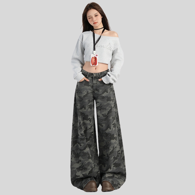 American Spice Girl Camouflage High Waist Wide Leg Casual Pants Women's Spring New High Street Skinny Floor Pants