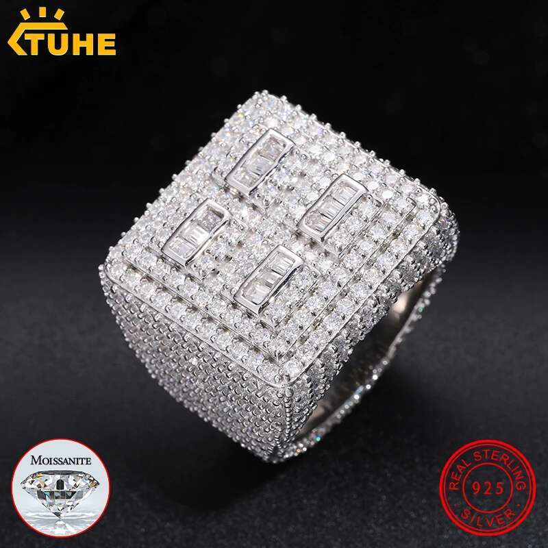 Fine Jewelry Full Diamond Pave Setting VVS1 With Certificate Moissanite Rings For S925 Silver Men Hip Hop Jewelry