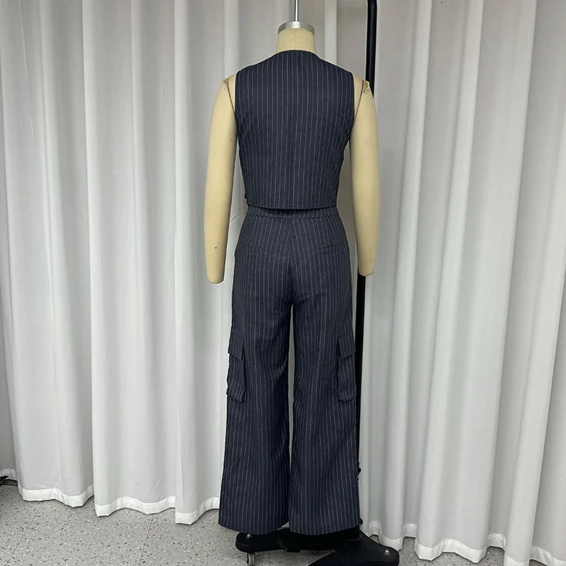 Wefads Office 2-piece Womens Elegant Sleeveless Stripe Printed V-neck Irregular Single Chest Tank Top Straight Pants Set 250321