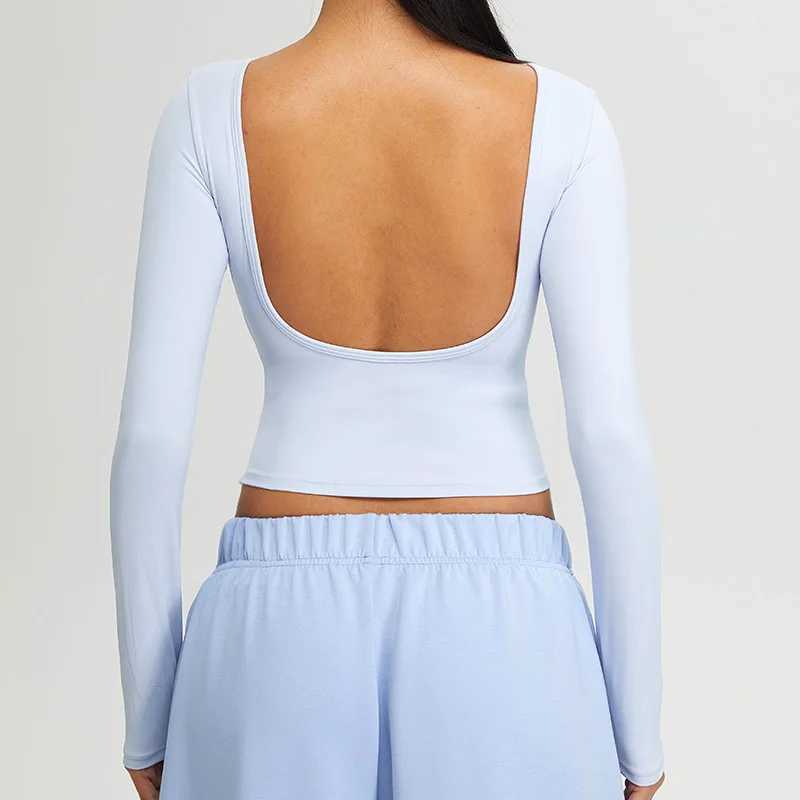 Sexy womens long sleeved top yoga shirt running T-shirt fitness gym exercise push up top training crop top solid color W250326