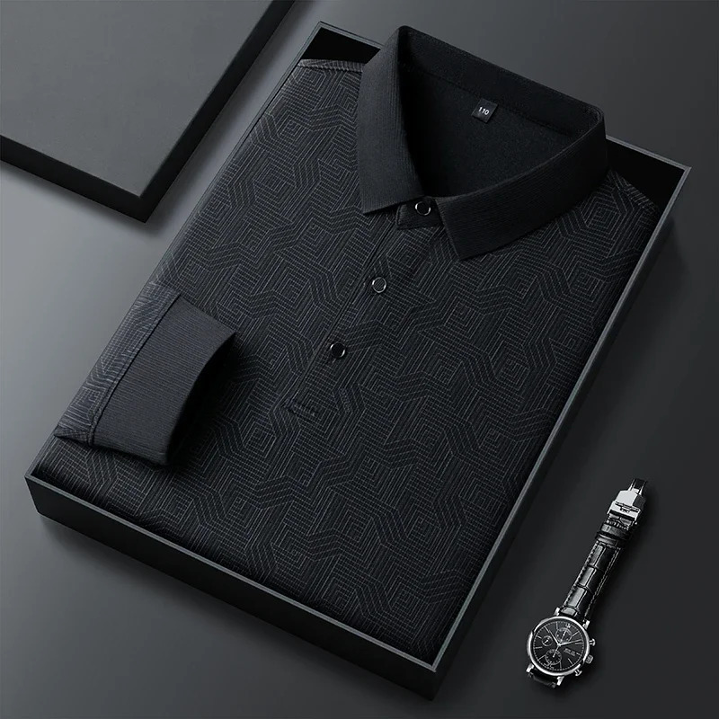 mens business casual long sleeved shirt with badge solid color polo fashionable breathable and comfortable lapel top y250326