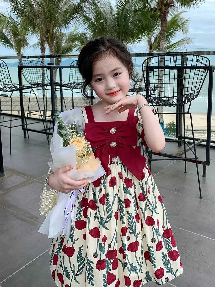 Childrens girls floral print dress 2024 new arrival Childrens princess rose print summer dress Youth girls sweet bow dress W250326