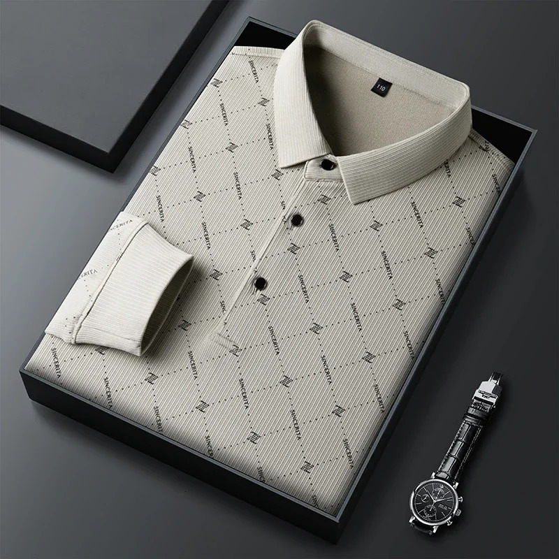 mens business casual long sleeved shirt with badge solid color polo fashionable breathable and comfortable lapel top 250326