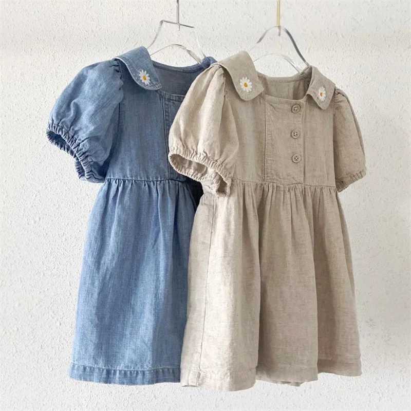 New Summer Girl Dress Campus Dress Flower Embroidered Collar Ruffle Dress Childrens Girls Bubble Short Sleeve Girls Cowboy Dress W250326