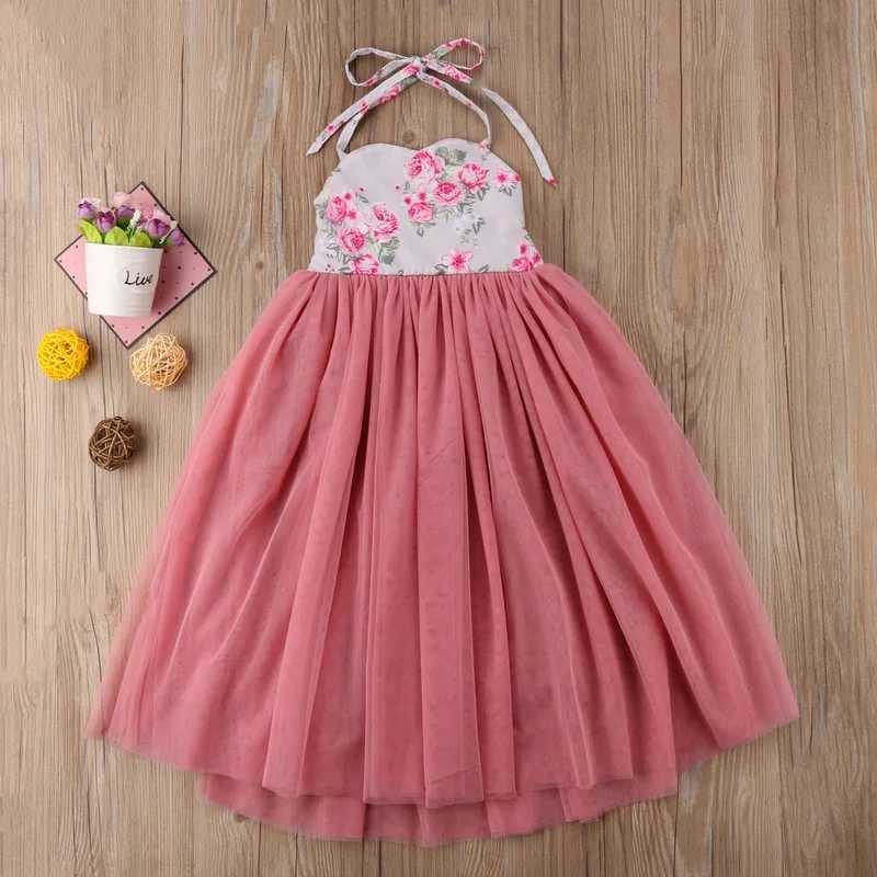 2019 New Princess Dress Childrens Pink Lace Flower Strap Dress Maxi Long Princess Par Childrens Summer Ball Dress W250326