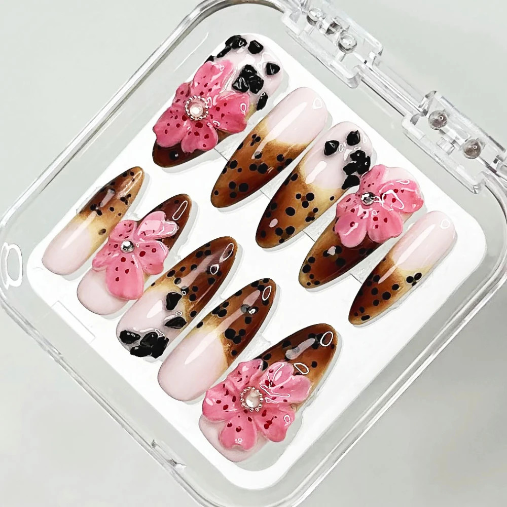 Press on Nails Medium Almond Pattern ABS Nails INS Y2K 3D Pink Flowers Style Nail 10Pcs Manicure Handmade Art with Set 250321