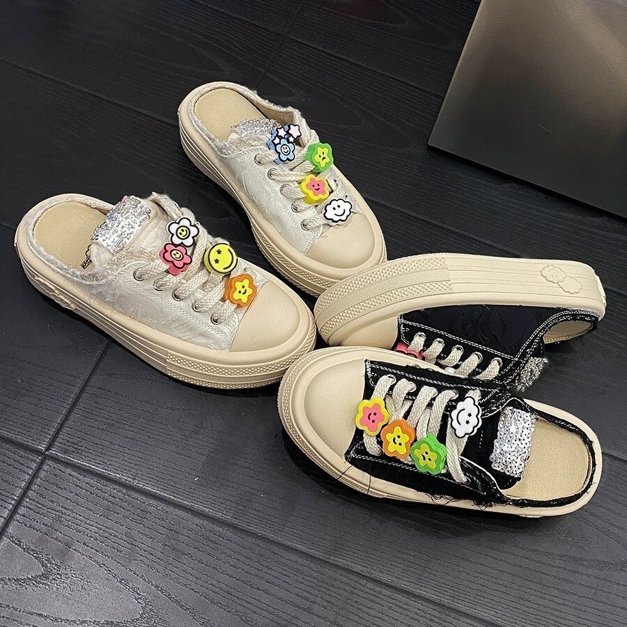 Designer Shoes 2025 Summer New Women's Flower Canvas Shoes Thick Soled Height Increasing Baotou Inlaid Diamond Cloud Smiling Face Women's Ha