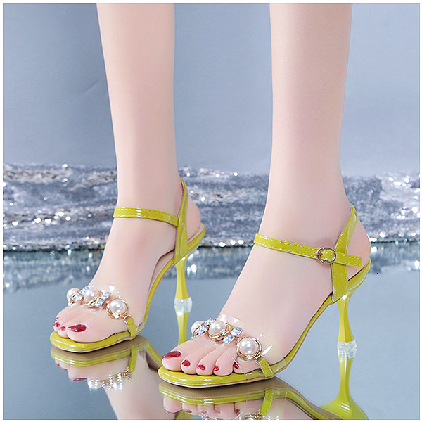 2025 Summer New Style Mingyuan Pearl One Button Strap Square Head Sandals with Thin Heels and Fairy Style Transparent High Heels