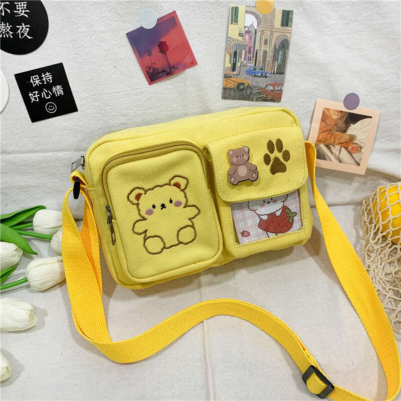 Canvas small ins antique, cute, funny and personalized embroidered bear student transparent crossbody bag