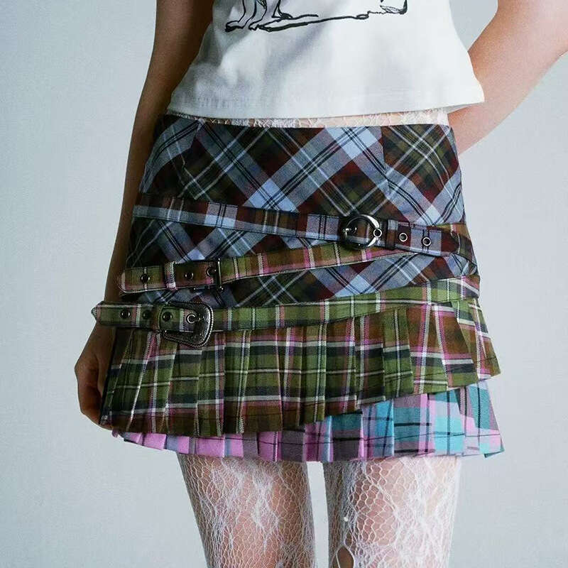 American Spicy Girl Plaid Half Skirt With Irregular Pleated Patchwork Design, Y2k Short Skirt, Women's Spring And Summer New Style