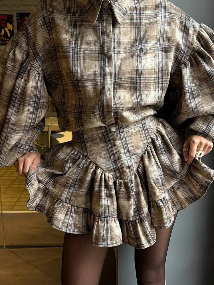 Womens fashion printed plain pleated mini leather waist long lantern sleeve shirt set 2025 womens high street jacket 250318