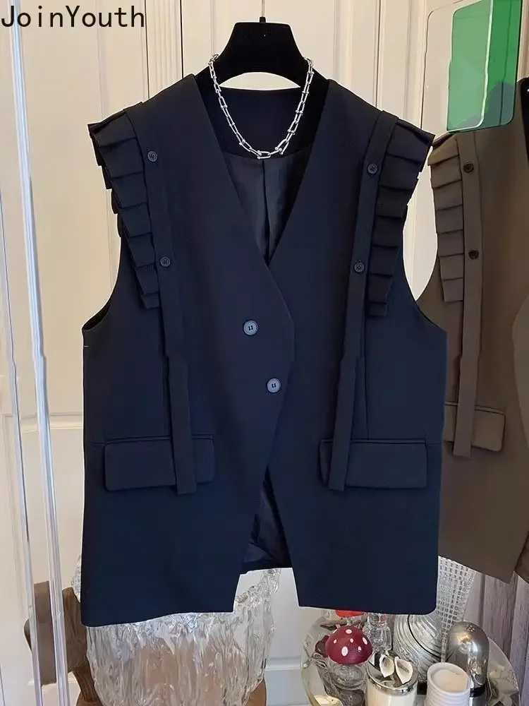 Womens warm vest V-neck sleeveless top patch work ruffled casual belt fashionable Korean tank 27s600 M250326