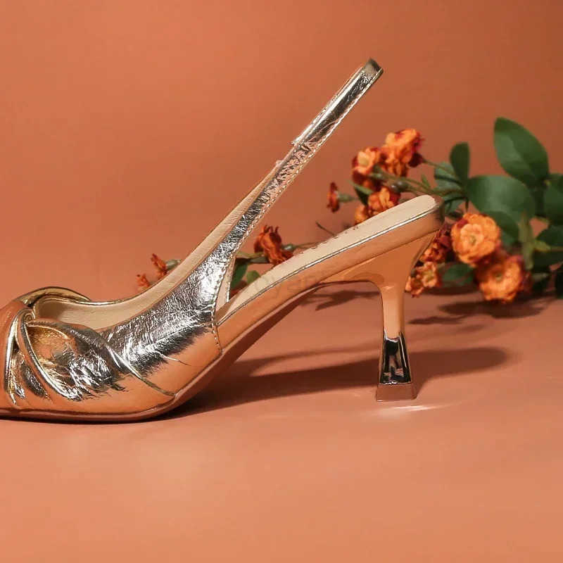 Golden Pleated Sexy Wens Sandals Pointed High Heeled Fashion Banquet Shoes Z250326