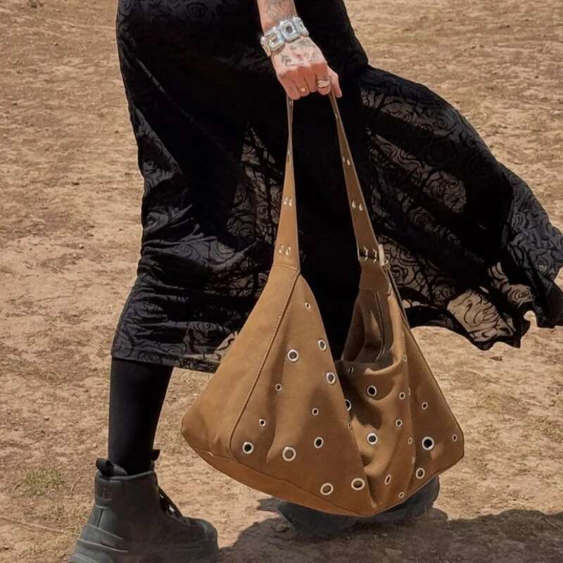 Large Capacity Vintage Faux Suede Shoulder Bags For Women With Stud Detail Designer Handbags Purses 2024 New In Underarm