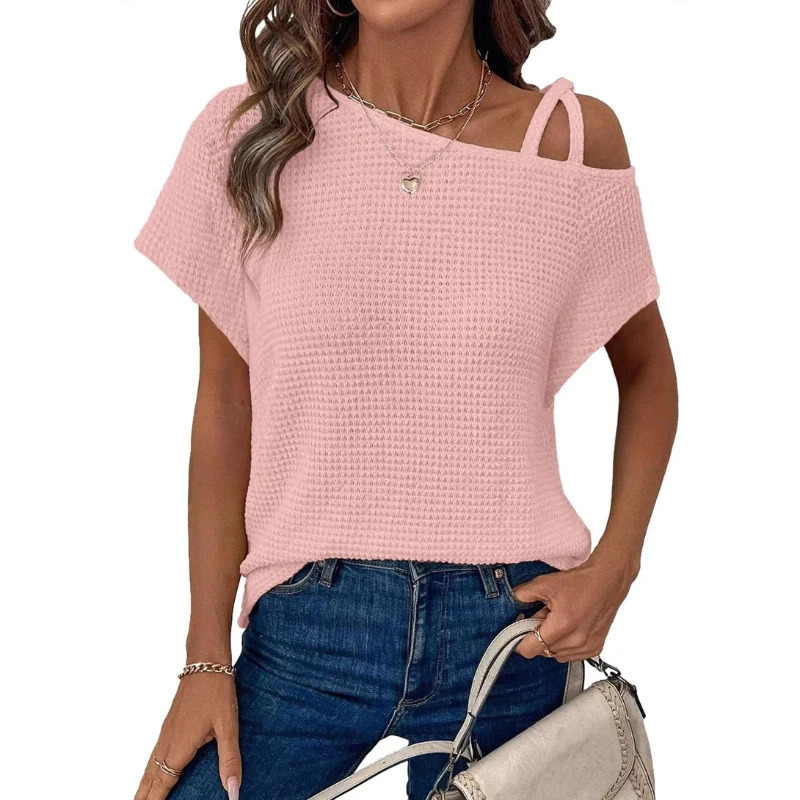 Short sleeved solid color top suitable for women. Very suitable for shoulder knitted womens clothing 250321