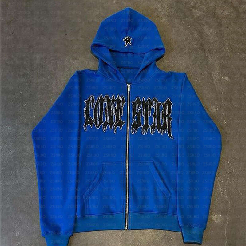 Hip Hop Gothic Style Cardigan Hooded Y2k Harajuku Hot Stamping Diamond Personalized Letter Printed Sweatshirt