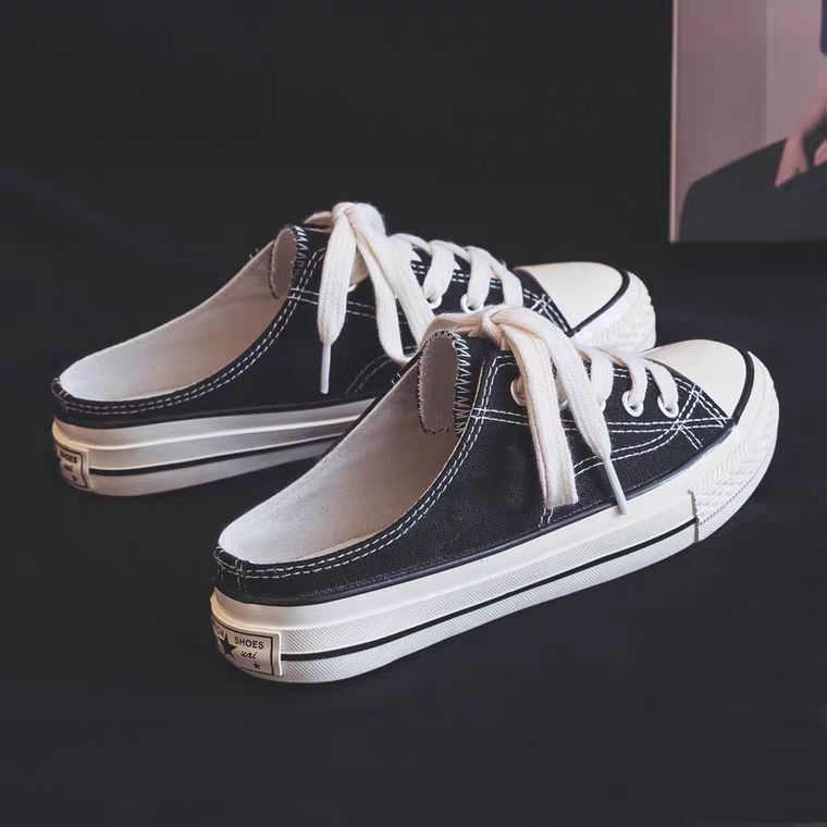 designer shoes 2025 new Women's half-drag white sneakers Korean version for summer one-step slip-on lazy shoes for students versatile flat canvas
