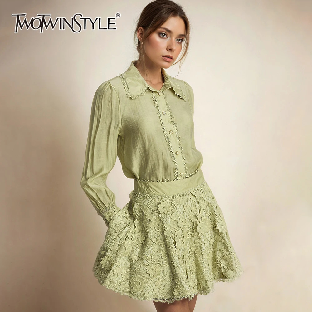 TWOTWINSTYLE Solid Loose Two Piece Set For Women Lapel Long Sleeve Top High Waist Embroidery A Line Skirt Elegant Sets Female 250321