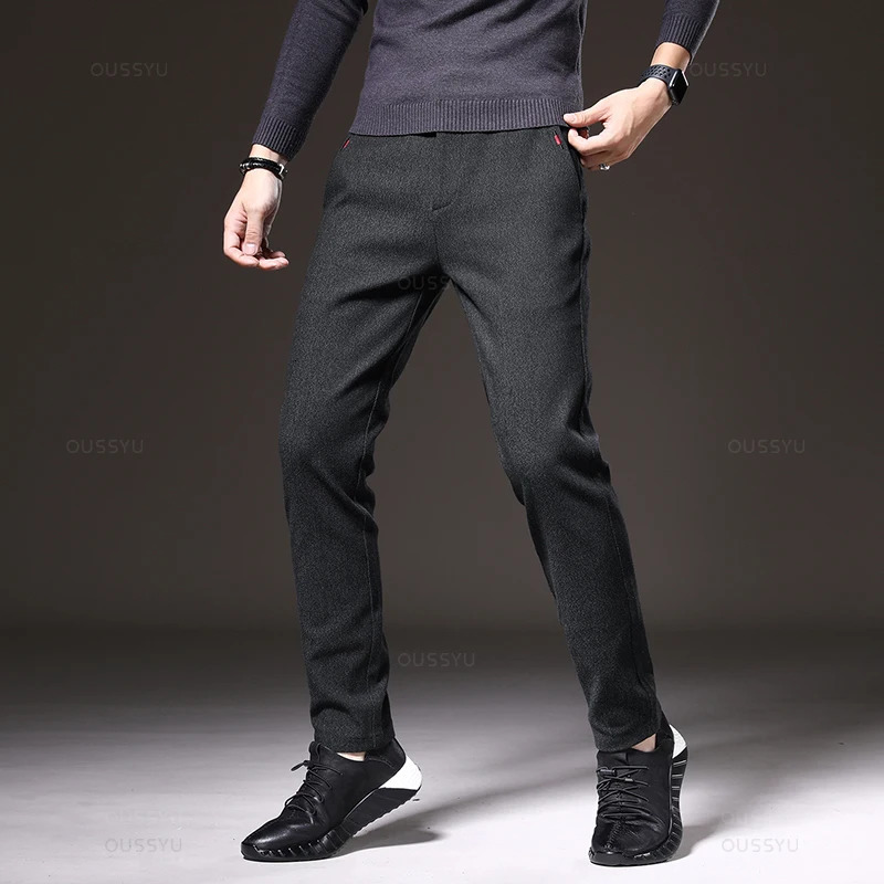 Autumn mens casual pants commercial fashion elastic waist slim fit thick gray black cotton Trouser 250326