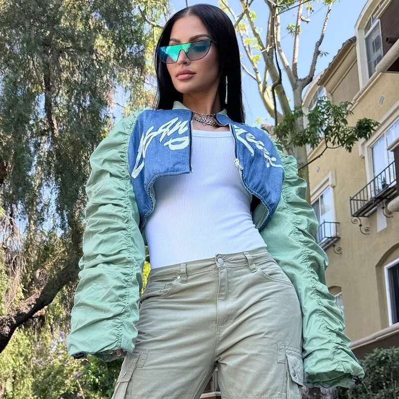 Cropped Fashion Jacket Women Crop Tops Y2K Streetwear Racer Baseball Jackets Letter Pleated Coats 2024 Fall Winter Clothes