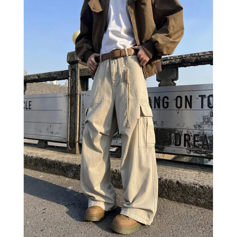 Mens casual work clothes cargo pants loose fitting straight and wide legs multiple pockets practical outdoor hiking durable heavy-duty 250324