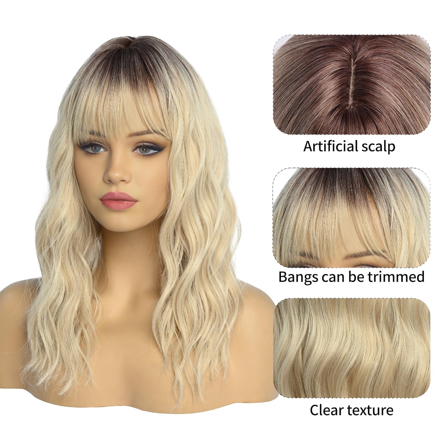 Blonde Wigs with Bangs for Women Synthetic 16inch Medium Length Wigs with Dark Root Natural Long Wavy Fringe Bang wig Heat Resistant Hair for Daily Pa