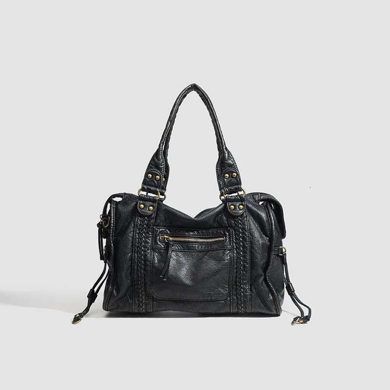 Soft Leather French Retro Locomotive Women's Shoulder Messenger Tote Large Capacity Bag Washing