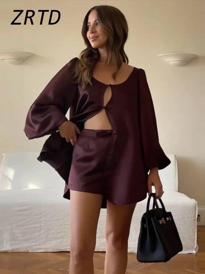 Elegant Satin Shirt Shorts Sets Women Hollow Out Lantern Sleeve Blouses Bow Short Pants 2025 Spring Summer Lady Vacation Outfits 250324