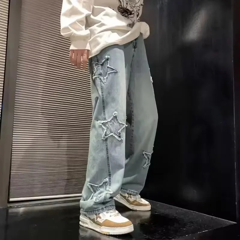 Stars Patchwork Mens Jeans Fashion Y2K Tassel Pants Korean Clothing Straight Hip Hop Splicing Street 250326