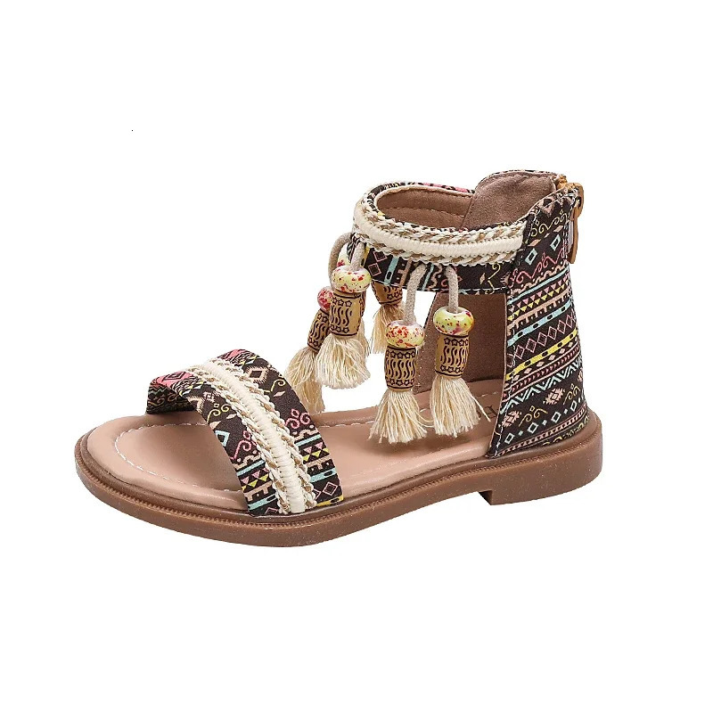 Girls Gladiator Sandals Princess Sweet Kids Beach Shoes Kids Summer Retro Ethnic Traditional Sandals with Tassels Soft Back Zip 250326