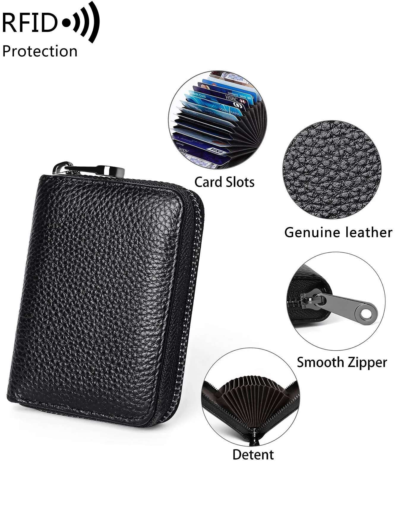RFID Genuine Leather Multi Slot Zipper Credit Card Suitable For Women Or Men Accordion Designer Wallets