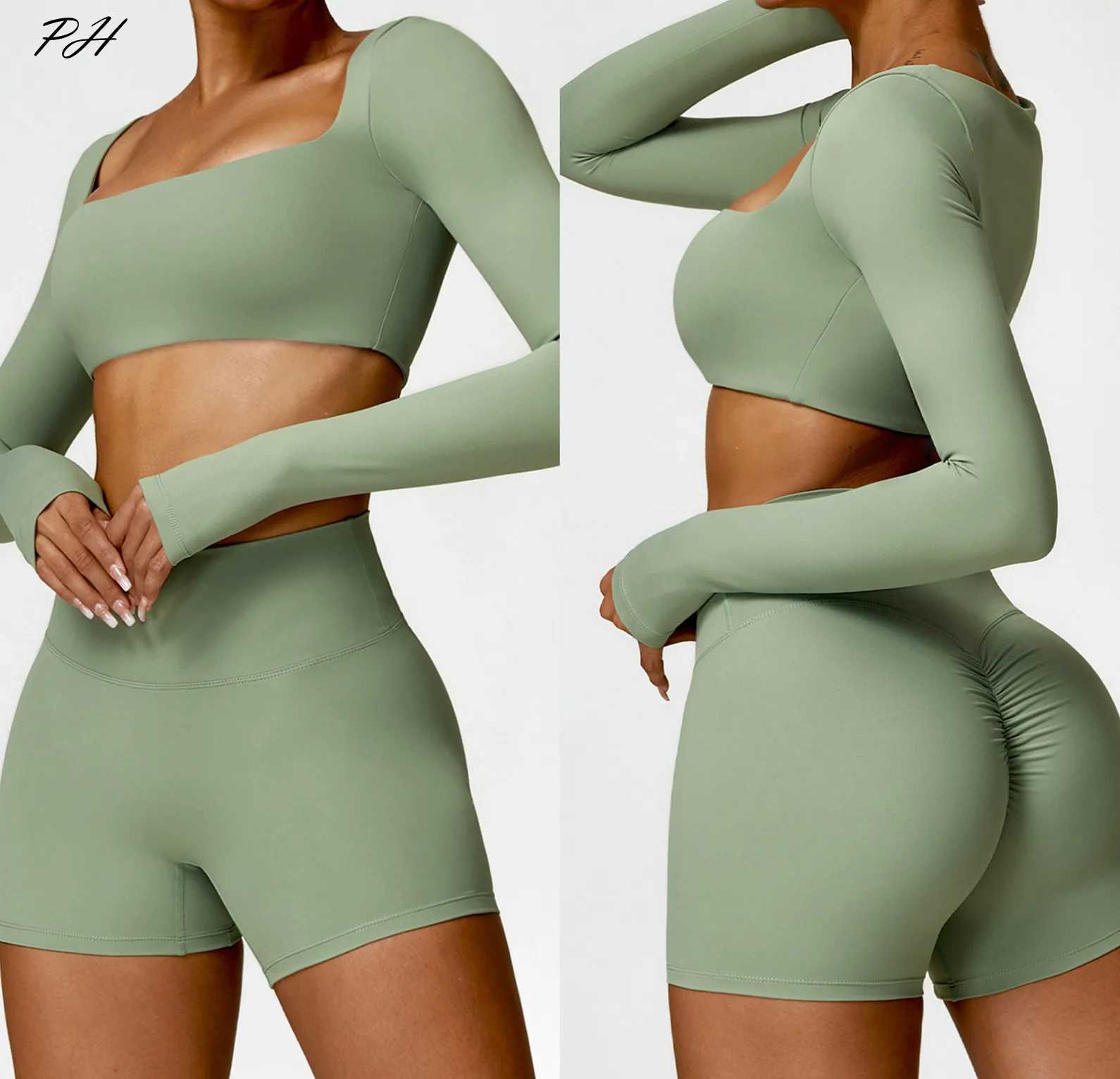 Yoga set womens gym long sleeved 2PCS Nudity sportswear short fitness bra Crop Top sportswear new W250326