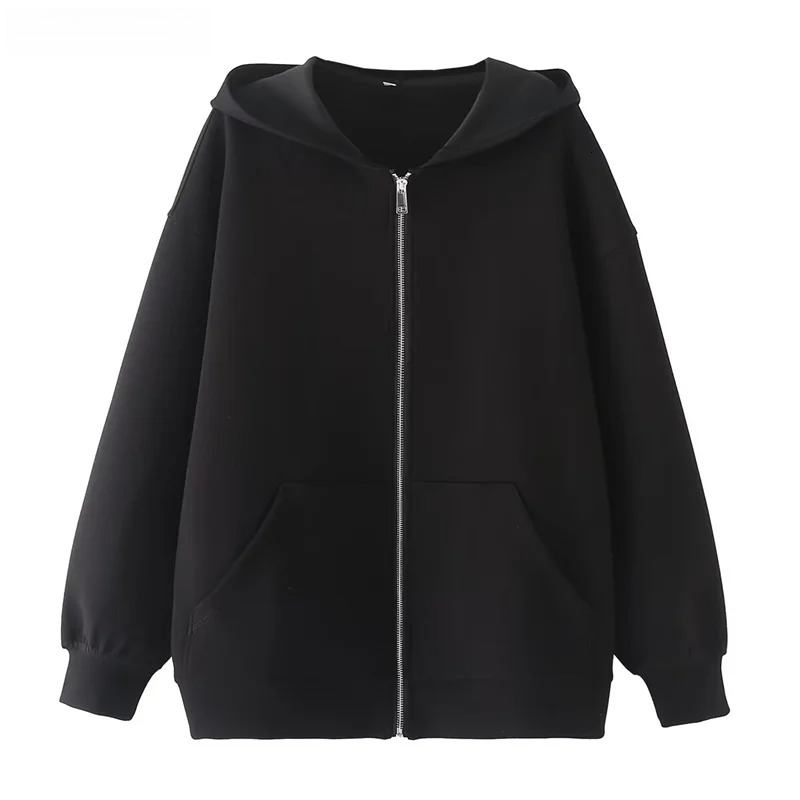 Autumn New Women's Zipper Hoodie High Street Unisex Style Double Pockets Oversize Loose Sweatshirts Outerwear Top