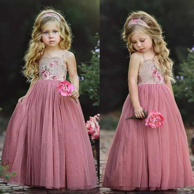 2019 New Princess Dress Childrens Pink Lace Flower Strap Dress Maxi Long Princess Par Childrens Summer Ball Dress W250326