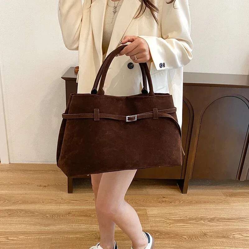 Faux Suede Brown Vintage Handbag Belt Buckle Elegant Ladies High Capacity Casual Tote Bag Top-Handle Commuter Bags For Women