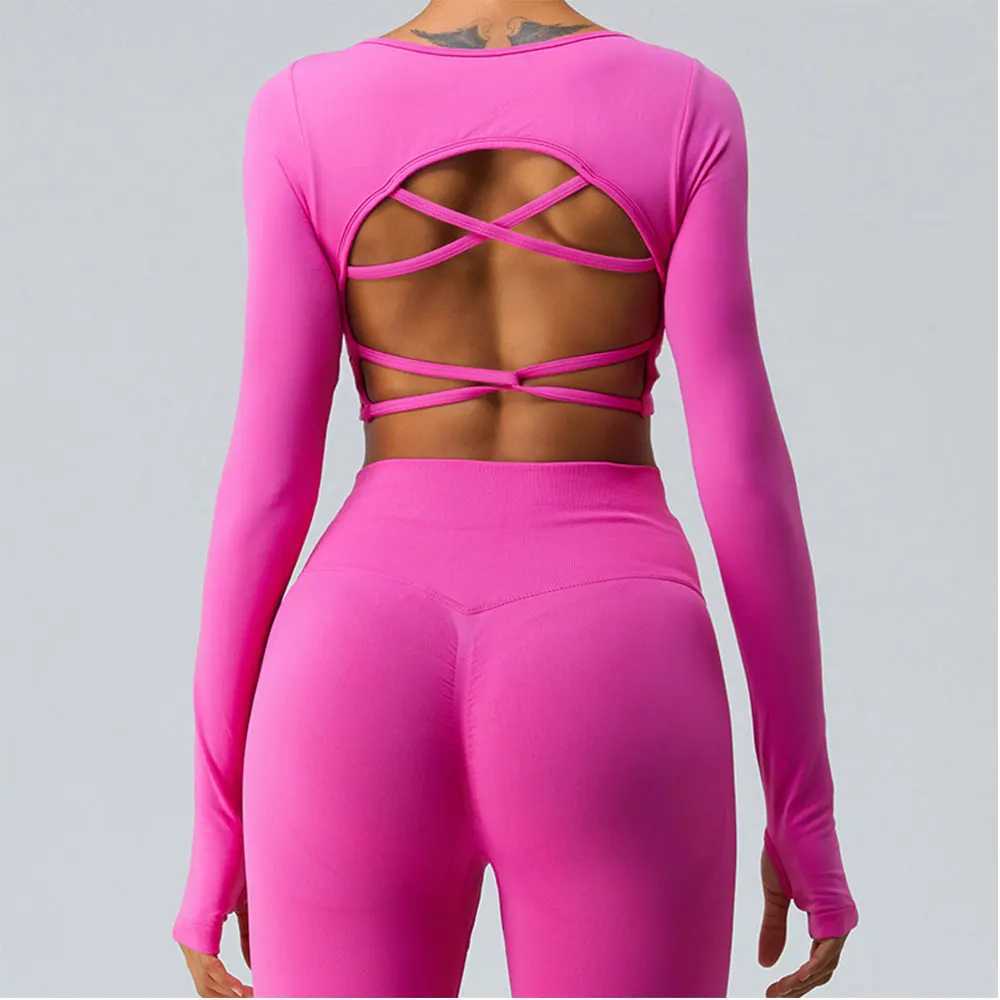 Sexy womens backless seamless cut top fitness shirt long sleeved gym exercise top womens front yoga top activity suit W250326