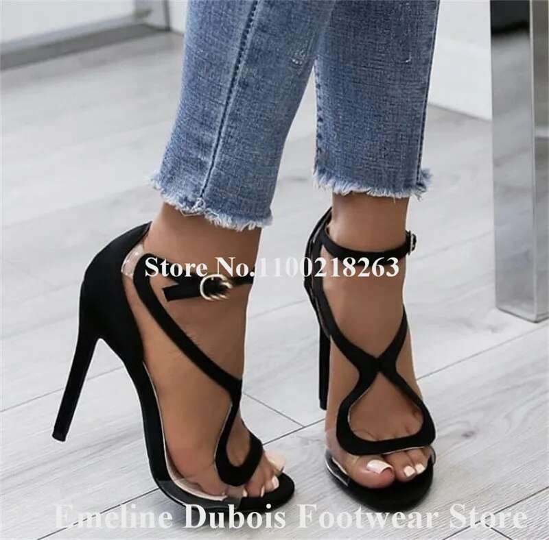 Brand Curved Emee Dubois Open Toe PVC Patchwork Stiletto Heel Gladiator Sandals Ankle Straps High Heels