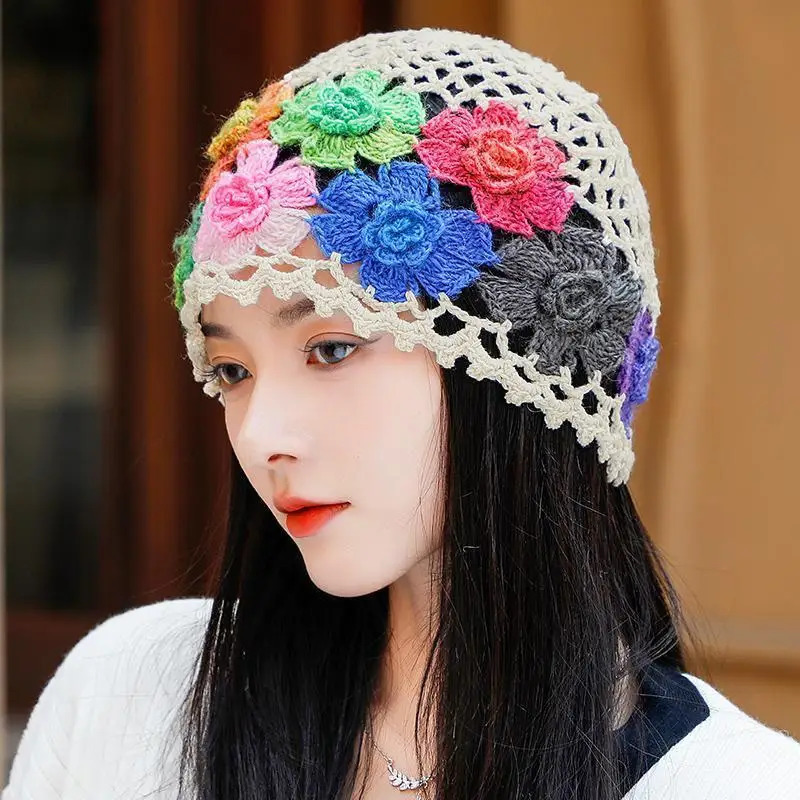 Japanese Spring Summer Literary and Artistic Colorful Flower Hollow Bag Head Hat Women Sweet Fashion Hand-crocheted Beanie Cap 250321