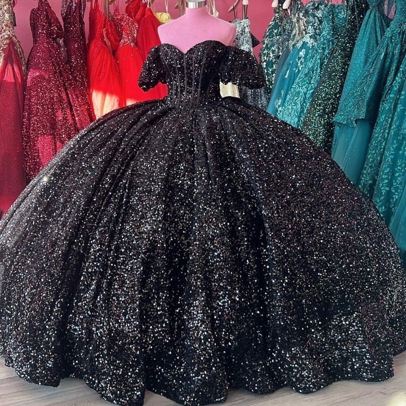 Black Shiny Sweetheart Quinceanera Dresses Off Shoulder Sequined Beads Bow Chapel Train Corset Party Birthday vestido de debutante 15 anos