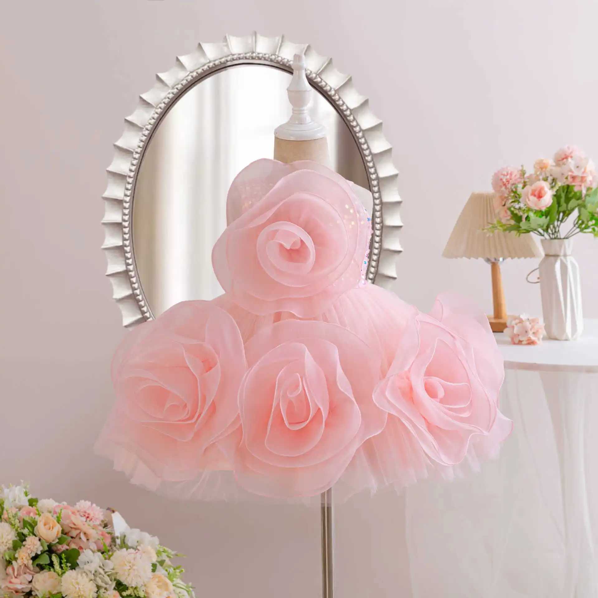 Hetiso girl Par dress flower elegant childrens wedding dress sequins big bow childrens birthday celebration frog 1-7 years W250326